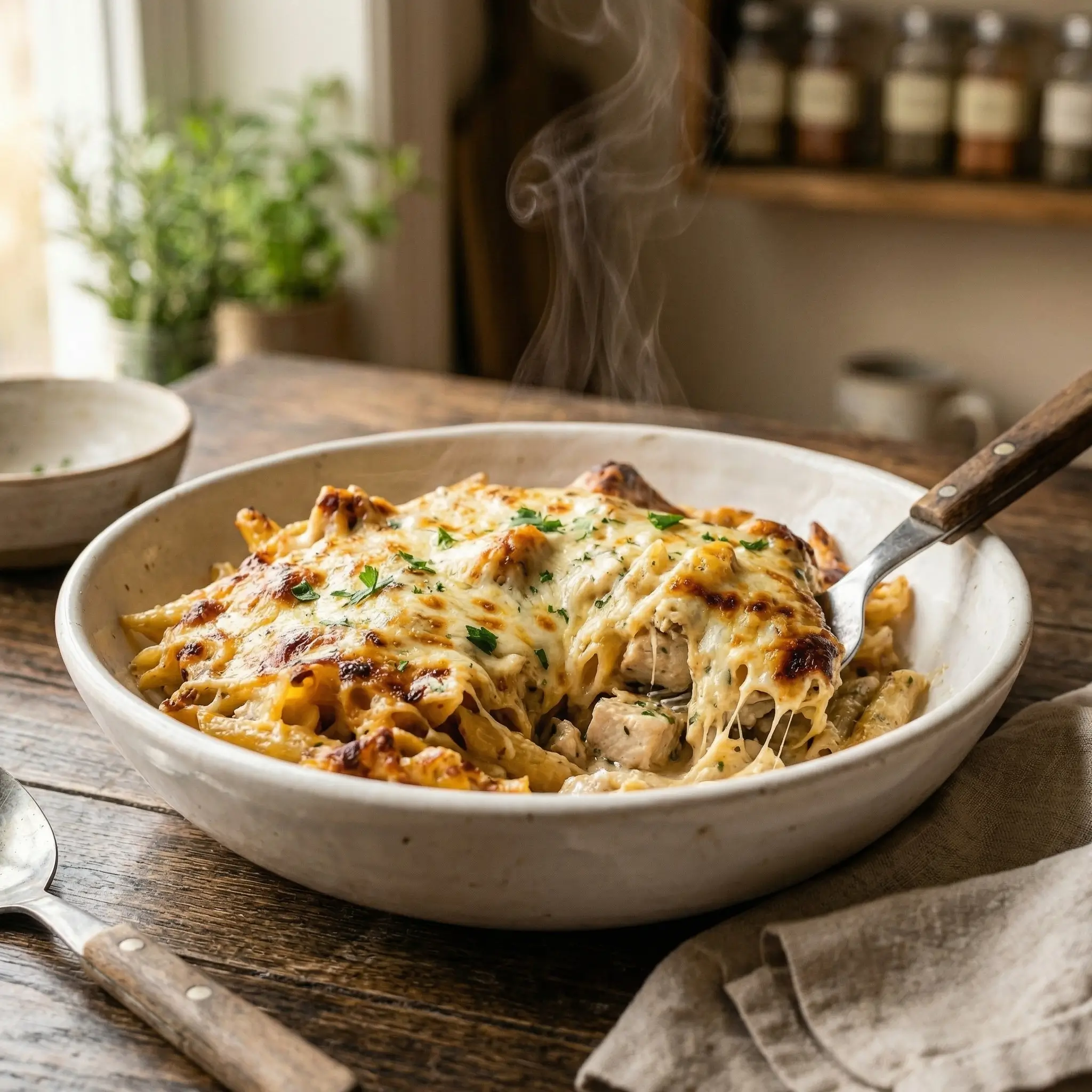 creamy chicken pasta bake