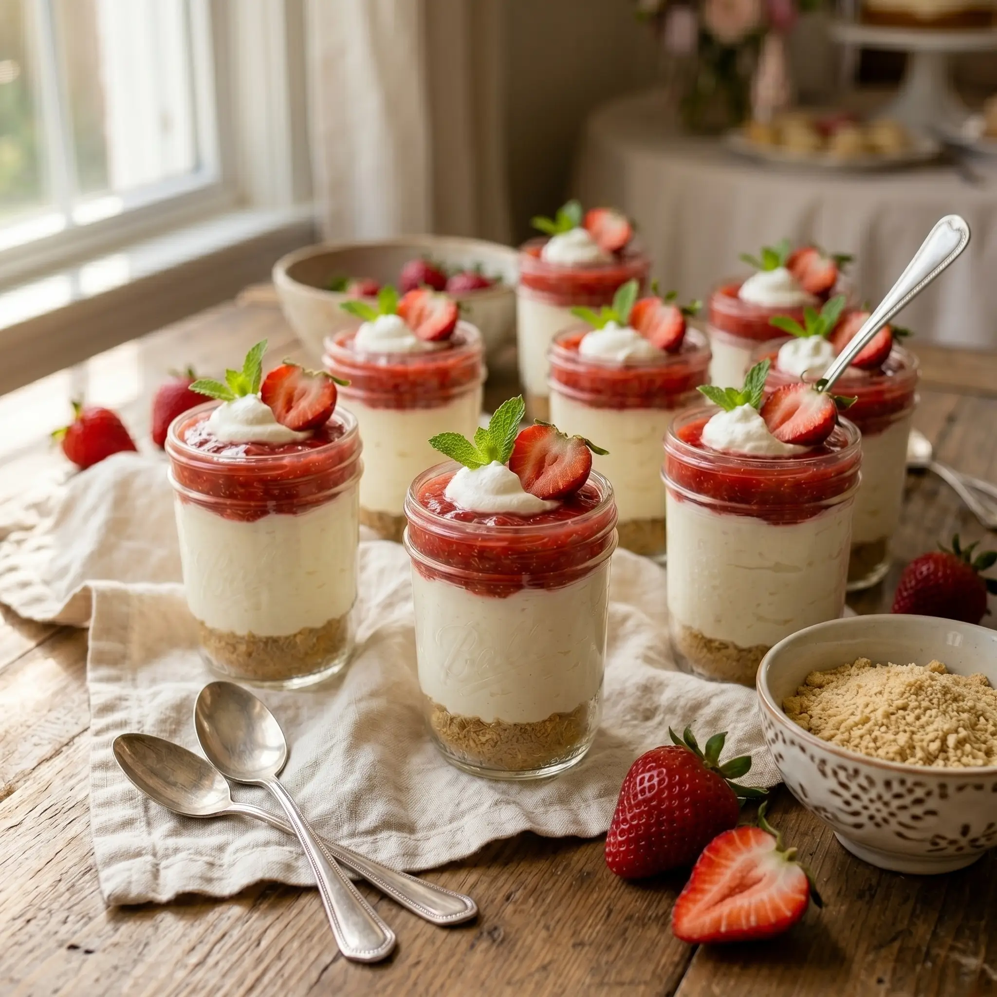 Mini Mason Jar Strawberry Cheesecakes
