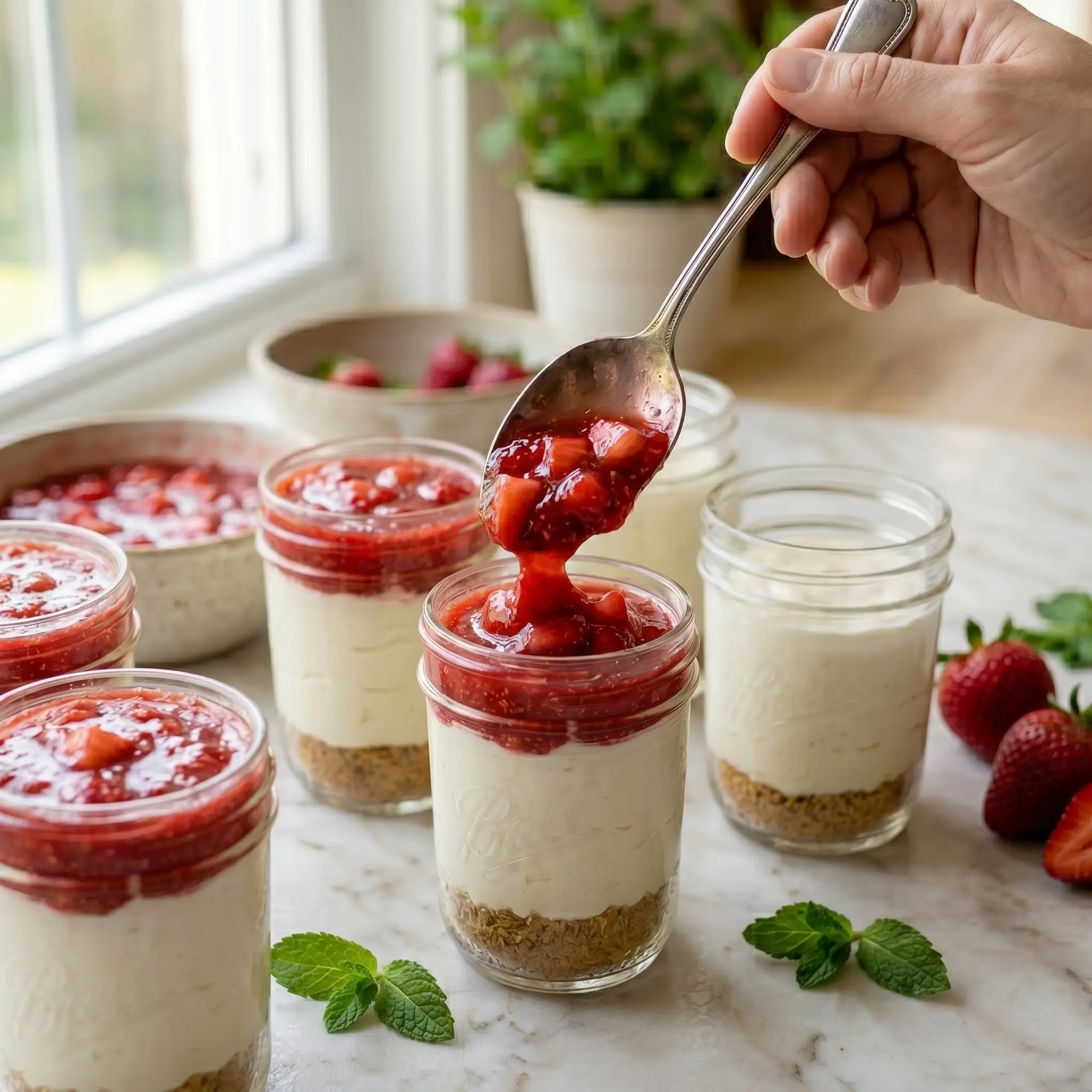 Mini Mason Jar Strawberry Cheesecakes