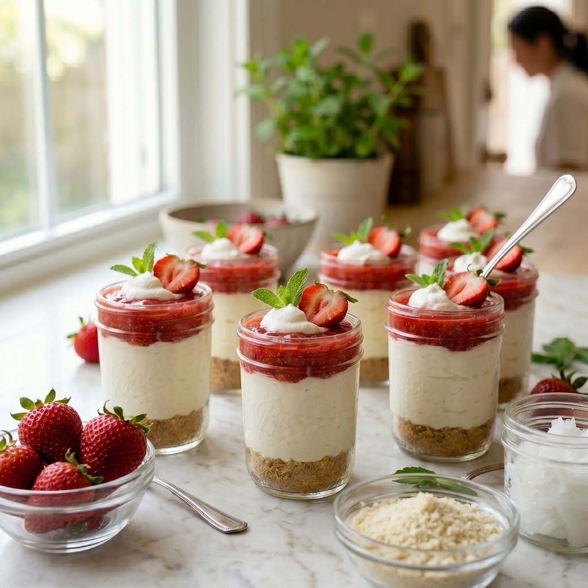 Mini Mason Jar Strawberry Cheesecakes